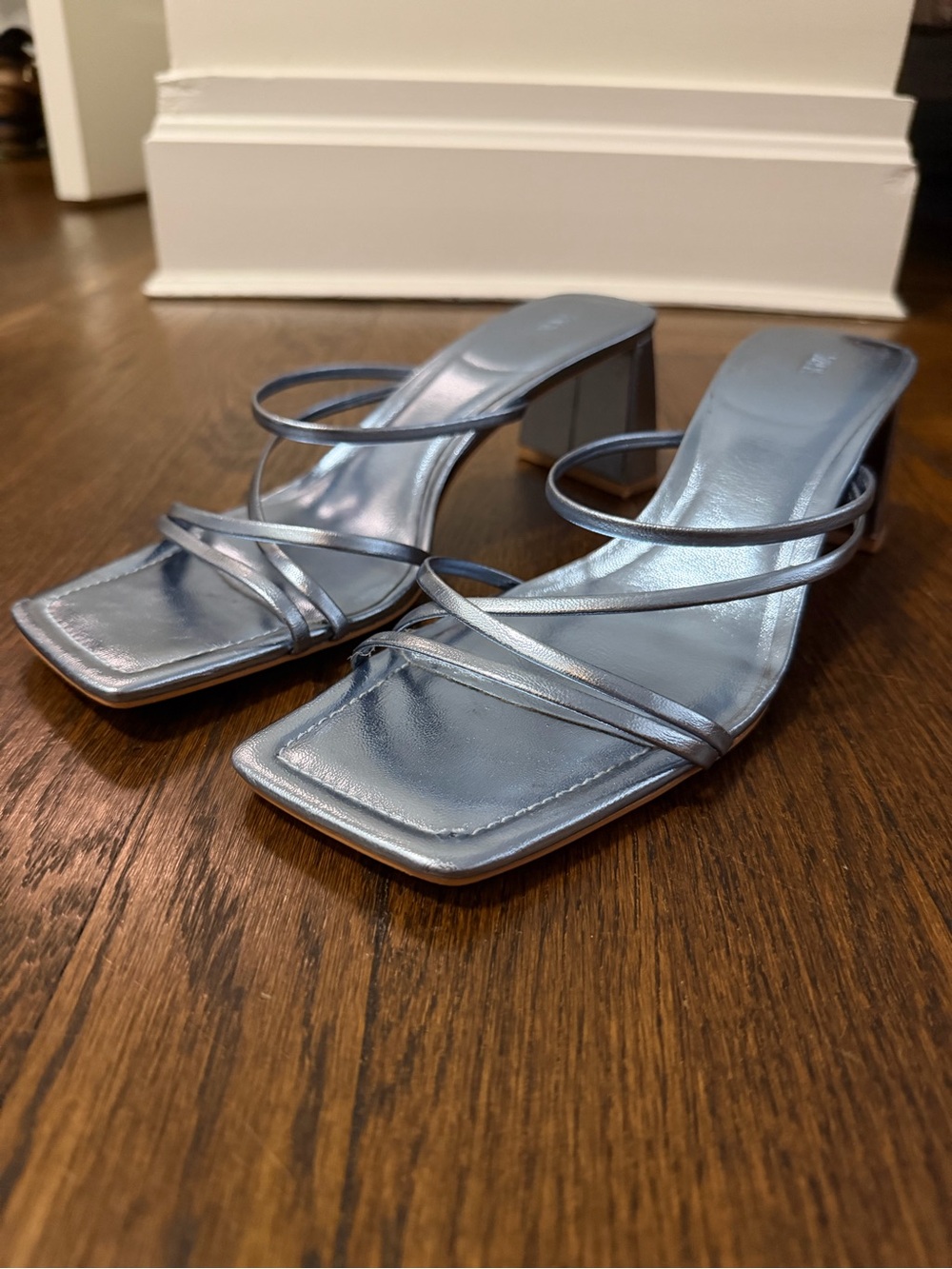 Zara Metallic Light Blue Strappy Block Heel Mules